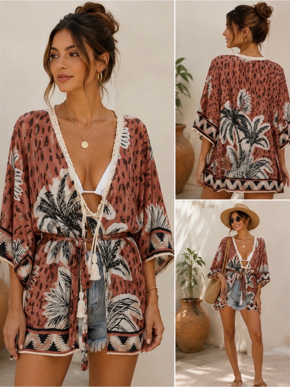 Surf Gypsy Palm Print Kimono Cover Up Size Large Boho Beach Resort Swimwear